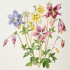 Fototapeta premium Columbine, 1800s, watercolor, white backdrop graceful blooms