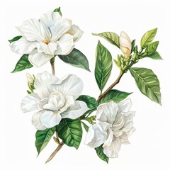 Gardenia, 1800s, watercolor, isolated on white elegant blooms