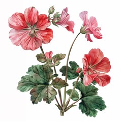 Geranium, 1800s, watercolor, isolated on white rustic charm