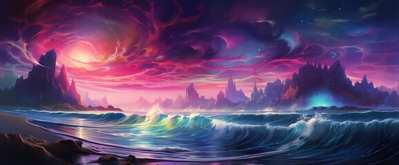 Neon waves crashing against the shores of eternity, leaving trails of enchanting light in their wake.