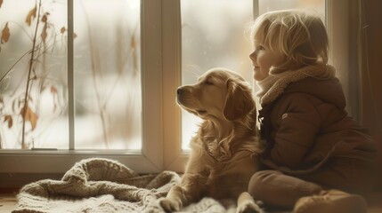 Child and Dog Gazing Out Window on Winter Day