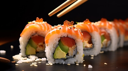 Close-up of sushi with salmon, avocado, and caviar