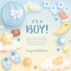 Baby shower square invitation, card, banner with cartoon hot air balloon, shoes, crescent moon and helium balloons on light background. It's a boy. Vector illustration