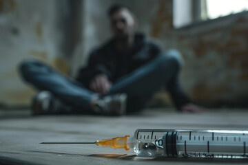 Close-up of a syringe with a blurred man drug addict sitting in the background - addiction crisis, help support.