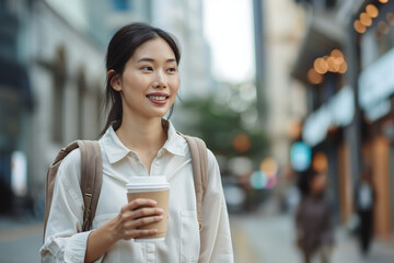 Stylish young Asian Chinese woman enjoying coffee break on urban city street, exuding elegance and confidence in the bustling cityscape.