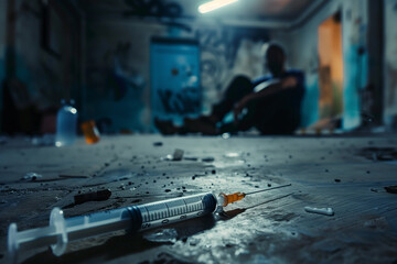 Close-up of a syringe with a blurred man drug addict sitting in the background - addiction crisis, help support. - obrazy, fototapety, plakaty