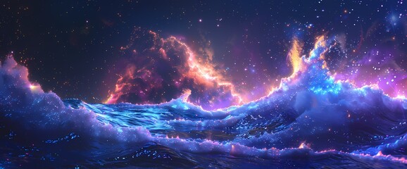 Neon waves crash against the celestial shores, their luminous glow casting a mesmerizing reflection upon the liquid surface of the cosmos. - obrazy, fototapety, plakaty
