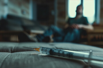 Close-up of a syringe with a blurred man drug addict sitting in the background - addiction crisis, help support. - obrazy, fototapety, plakaty