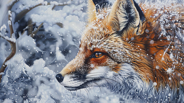 A fox is standing in the snow with its head up