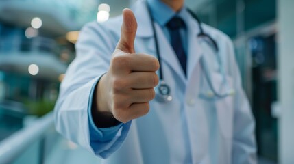 Close-up of a confident doctor with a thumbs-up gesture, focus on hand.