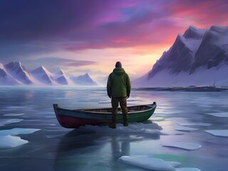 The castaway man stands on a frozen, icy beach in the Arctic, surrounded by towering glaciers and snow-capped mountains - obrazy, fototapety, plakaty