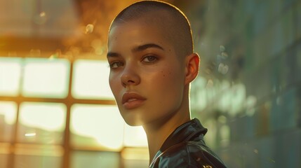 Stylish young woman with a buzz cut in golden sunlight - obrazy, fototapety, plakaty