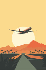 Vector retro style poster with airplane or jet flying over mountains at sunset or sunrise, vintage style image