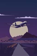 Vector retro style poster with airplane or jet flying over mountains at night, vintage style image