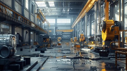 Sunlit, high-tech factory floor with robots, spotless reflecting floor, modern industry.