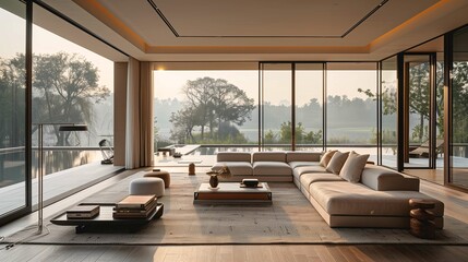 Modern Living Room with Lake View and Seamless Indoor-Outdoor Transition