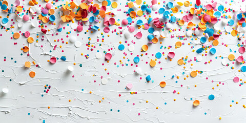  white paper with colorful confetti, top view, flat lay, 