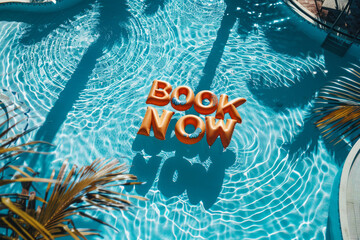 Summer vacation Book now message. Pool floats in a holiday swimming pool