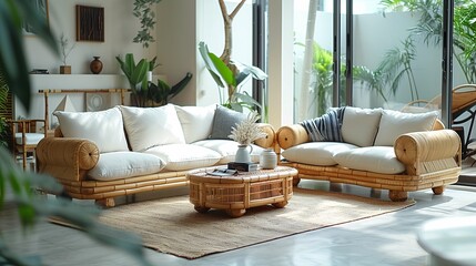 Modern Living Room Interior with Rattan Furniture and Indoor Plants - obrazy, fototapety, plakaty