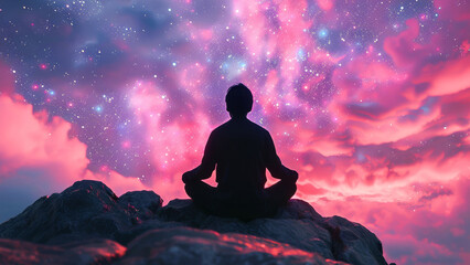 Silhouette of a person meditating on mountain rocks against a vibrant cosmic sky filled with stars and nebulae at dusk.
