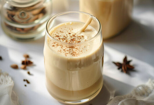 Eggnog, Traditional Christmas Drink, Cocktail with Cinnamon and Nutmeg for Winter Holidays
