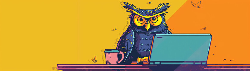 A cartoon owl is sitting at a desk with a laptop and a cup of coffee
