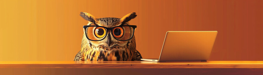 A cartoon owl wearing glasses is sitting at a desk with a laptop - obrazy, fototapety, plakaty