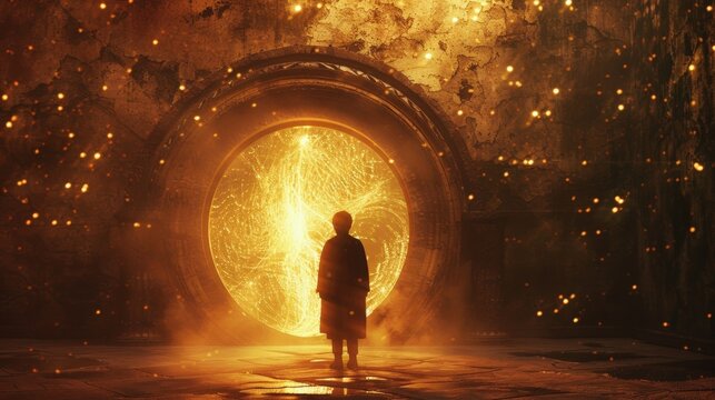 A silhouette of a person can be seen against the glimmering portal their stance suggesting they are a scholar or alchemist studying . .