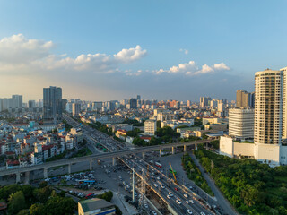 Aerial skyline view of Hanoi cityscape at sunset in Cau Giay district