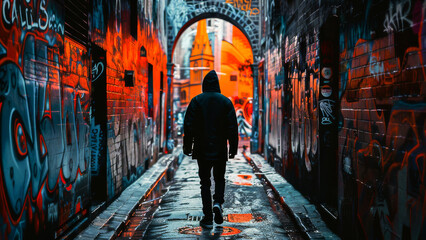 A person walking through a vibrantly graffitied urban alley. The image captures the colorful...
