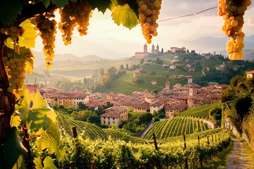 A beautiful sunset view over a lush Tuscan vineyard with grapevines, rolling hills, and an Italian village in the backdrop.