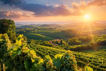 Stunning sunset over a lush Tuscan vineyard with rolling hills and ripe grapes ready for harvest.