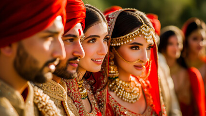 Fototapeta premium Indian bride and groom in traditional wedding attire, with a backdrop of family in vibrant colors.