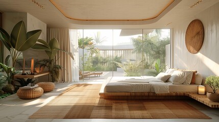 Modern Bedroom Interior with Tropical Plants and Natural Light