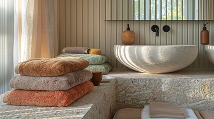 Elegant Bathroom Interior with Stacked Towels and Stylish Basin