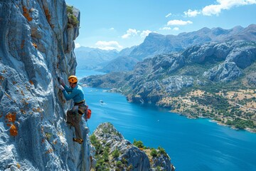 Climber on a cliff with a panoramic view of a mountainous bay.