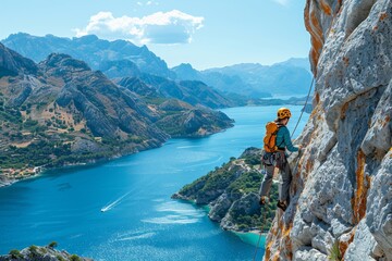 Climber on a cliff with a panoramic view of a mountainous bay.