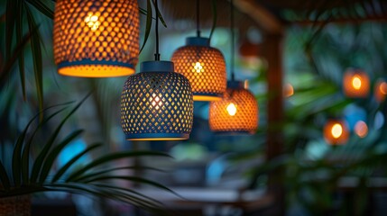 Warmly Lit Hanging Rattan Pendant Lamps at Dusk