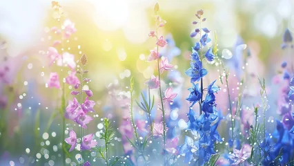 Badkamer foto achterwand summer or spring flowers meadow, beautiful flowers in the sun with water droplets, vibrant, selective focus and soft blurred background © Ita Rosita