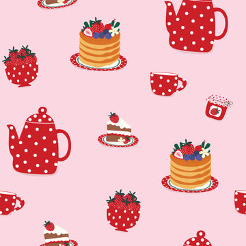 cute tea set with strawberry cake hand drawn seamless pattern vector illustration for invitation greeting birthday party celebration wedding card poster banner textile wallpaper paper wrap background