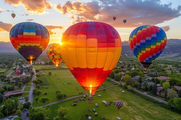 Colorful hot air balloons float above a scenic landscape at sunset, with golden light bathing the sky and ground below.