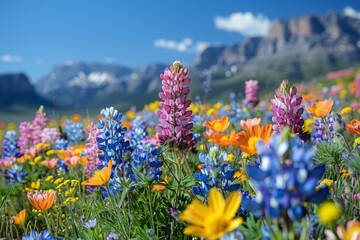 A colorful array of lupines and wildflowers in full bloom against a backdrop of mountains under a clear sky.