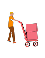 A man is pushing a red cart with boxes on it