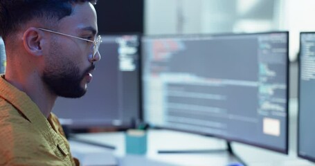 Man, computer screen and coding for software development or programming website for cyber security, database or research. Male person, server and it system for digital password, analysis or online