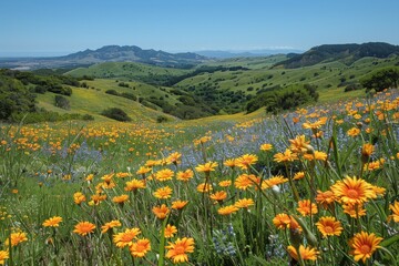 Fototapeta premium Orange wildflowers and blue blossoms blanket a hillside with a view of distant mountains and clear blue skies above.