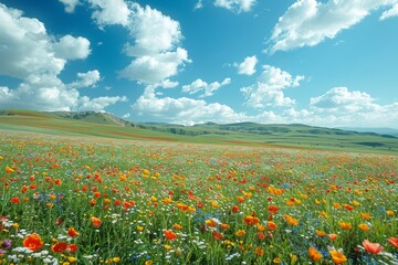 A vast field of red poppies and wildflowers stretches towards rolling green hills under a sky dotted with fluffy clouds.