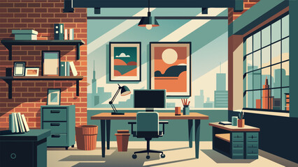 Step into the industrial style home office and be transported to a trendy loft in the city. The brick walls accented with vintage posters and © Justlight