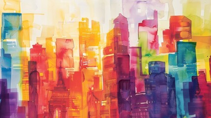 A closeup of a watercolor painting of a city skyline each building and feature bursting with bold saturated colors. The use of vibrant hues evokes a sense of excitement and movement . - obrazy, fototapety, plakaty