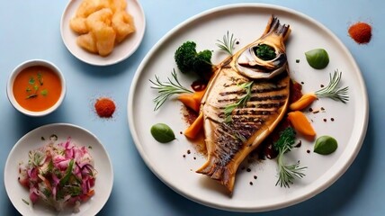 Asian fish fry served on a wooden table, featuring fried fish and vegetables on a white dish.