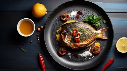 Asian fish fry served on a wooden table, featuring fried fish and vegetables on a white dish.